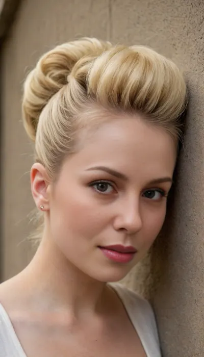 POV, (close-up:1.3), furrowed brow, looking at viewer, ((face focus)), an insanely hot curvy innocent-looking housewife against wall in slums, ((pushed back flat)), ((view in front)), ((blonde updo beehive haircut)), (((Her head is thrown back against the wall with the back of her head)))