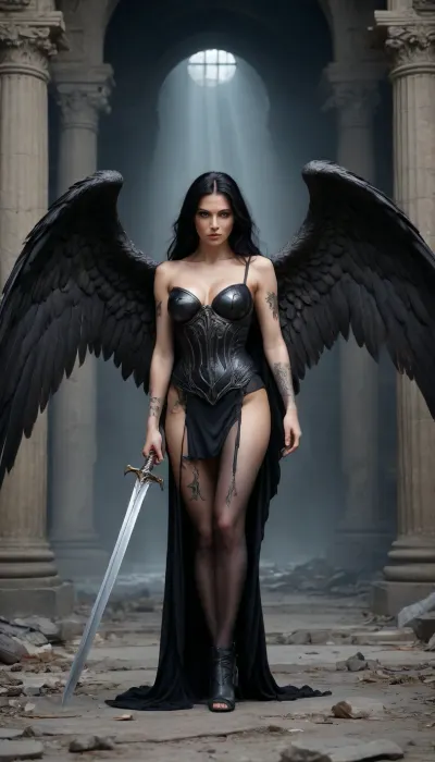 A beautiful angel With large, shiny black wings emerges from the darkness. Piercing sexy look.Wars with big members are standing nearby. Walks over the corpses of vampires.Walking through the ruins of the castle Shiny body, There are corpses of succubs lying around. large breasts, long black silk hair. The body is covered with tattoos.Lightweight, translucent tunic on the shoulders. Torn black stockings on the legs. A large sword in her hands. The light falls on the angel like a pillar from above. Good quality. High detail.
