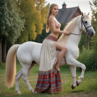 Ethereal equestrian: 18 yaşındaki bir russian kızı, eski bir köyde bir koyun tezgahta, v. vasnetsov'un tarzına ilham veren yüksek kaliteli uhd 8k odak görüntüsünde yakalandı.