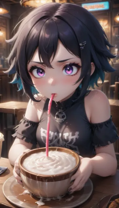 goth drinking cum through straw from bowl full of cum