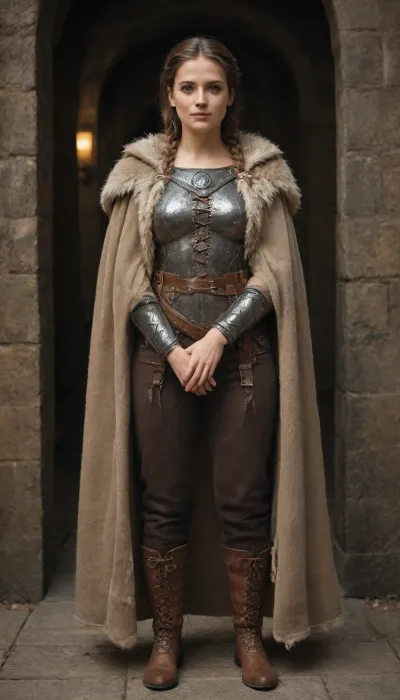A proud Nordic Milf stands, her presence radiating unwavering strength. Her dark, heavy braid falls down her back, framing a face marked with determination and fortitude. Laced leather pants and leather thigh-high boots. This stunning portrait captures her piercing blue eyes reflecting the icy landscapes of her homeland. The intricate details of her embroidered Viking armor and fur-lined cloak speak of her warrior spirit. This high-quality painting seamlessly combines strength and grace, drawing the viewer into the gripping story of a fierce Nordic warrior princess. Body manipulation, divine proportions, clever smile, sideways glance, body manipulation, casual, inexperienced, shy, (((rule of thirds))), high quality, high detail, high resolution, backlight, (long exposure:2)