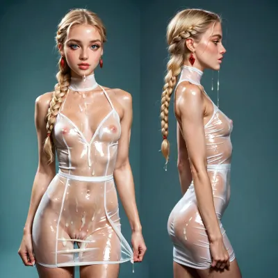 20 year old girl, upper half body view, tight and slim, blonde braided hair, freckles, tight doll dress, tight translucent dress, skinny, slender, slim, tight waist, small breasts, covered in cum, cum flow, pussy clearly seen, cameltoe, creampie, cum gushing, covered in white slime, slimy, wet, sweaty, dripping multiple, views, of, the, same, character, model, sheet, chatacter, <lora:Model_Sheet_Xl:.5>