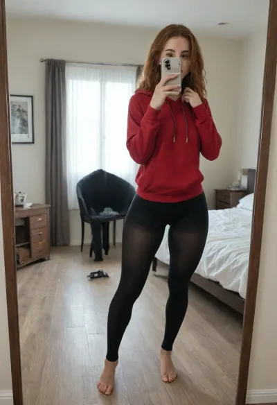 (realistic), realistic face features, realistic face, super detail, masterpiece, ultra-high resolution, 8k UHD, SLR camera, high quality, detailed skin texture, toned body, symmetrical face, detailed face, realistic girl, photorealism, studio lighting, soft shadows, best quality, natural redhead hair, thicc, sexy thick legs, big ass, thick ass, petie, ((very wide hips)), (a woman taking a picture of herself in a mirror), ((thicc build)), ((leg shot)), cluttered room, cute casual streetwear, academic clothing, (a woman taking a selfie in front of a mirror), long shot from front, ((black leggings)), feminine figure, f/15, toned legs, 18, ((thick legs)), claret red hoodie, hoodie, black leggings, far from mirror, wide, hips, thick, thighs, shot from slightly bottom, (very thick legs:1.3), (very wide legs:1.3)