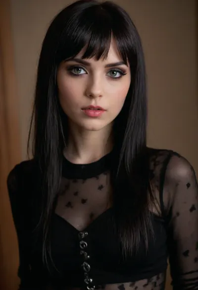 (score_7_up, score_8_up, score_9, 1girl, solo, masterpiece, rating_safe), (fashion magazine portrait of an astonishing 24 year old goth girl:1.2), (makeup model, goth model, fashion model:1.4), (focus on eyes:1.4), (sultry, seductive, seducing, alluring, intimate, sexual, horny, insatiable, lustful, demanding, irresistible, innocent, adorable, cute:1.6), (stylish long hair with defined fringe and bangs:1.4), (beautiful face, adorable face, innocent face, triangular face, delicate features, pixie like:1.4), smokey eyes, limbal rings, winged eyeliner, long eyelashes, (natural skin textures, realistic skin textures, detailed skin textures, vellus hairs), ziprealism, sunnyrayyxo, <lora:sunnyrayyxo_v1_SDXLBase:.6>, perfecteyes, <lora:PerfectEyesXL:.4>