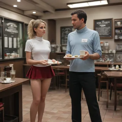 UHD 8K, extreme realism, maximum detail, crowded coffee shop, (1 seated man 1 standing woman looking at each other:1.5), (standing female waitress taking an order from a seated male customer:1.7), (waitress is wearing a modest long-sleeved turtleneck shirt:1.3), (waitress is wearing an extremely short microskirt leaving her vagina exposed:1.6), waitess is wearing flat shoes and thigh-high stockings, waitress is a very attractive blonde in her early 20s with long straight hair and a headband, (customer is seated:1.8), (seated customer points at the menu:1.5), (customer is attractive and wearing a shirt and trousers:1.3), glass of water on the table
