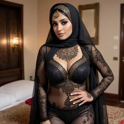 Full body, Beautiful busty pakistani Desi bride, wearing black transparent hijab, showing her huge boobs, body covered with mehandi, (henna)