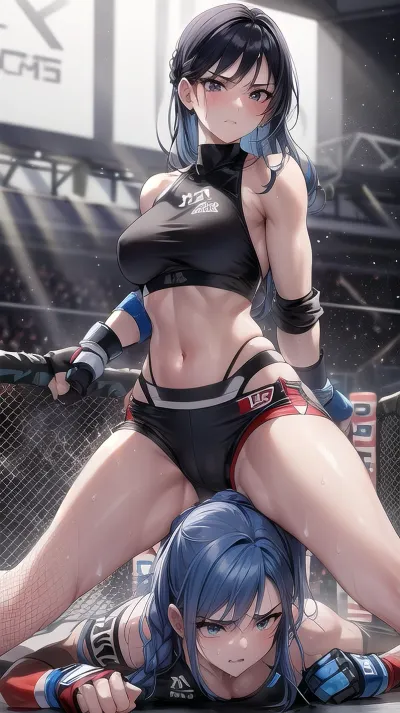 An ultra-detailed and hyper-realistic MMA fight scene in a UFC octagon, featuring two very skinny, athletic female fighters in contrasting professional fight gear. Blue and grey colored eyes, hazel eyes, braided hair, One fighter wears sleek black shorts, a fitted blue tank top, and black MMA gloves, while the other is dressed in bright red shorts, a matching red top, and black gloves. The fighter on top is in a dominant mounted position, pinning her opponent with perfect technique and control, face down ass up, shorts slipped aside, revealing accidentally pussy, beautiful pussy, intricately detailed pussy, bright arena lights. The fighters' faces display intense focus and determination, with beads of sweat and subtle skin texture adding realism. The octagon is meticulously detailed, from the chain-link fencing and UFC branding to the textured mat underfoot. The crowd and event officials in the background enhance the tension, their expressions blurred slightly for depth but still conveying energy and anticipation. Dynamic lighting highlights every detail, including shadows, reflections on gloves, and the fighters' movements, creating a dramatic, action-packed scene. Shorts slipped aside revealing pussy, juicy sweaty pussy, 8k, photorealistic, intricately detailed, face, focus on pussy, panties, pulled, to, side, pussy, shaved