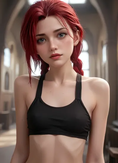 Side shot of a 25 years, freckle, (realistic:1.5), (black and white top), inside a pyramid, Jinx from Arcane, red hair, sun kissed skin, front view, cowgirl, slender body, small breasts, saliva, ultra detail, convulsion, green gas aura, Steampunk background, arcane, jinx, full body, <lora:jinx:1>, <lora:arcane-xl:1>