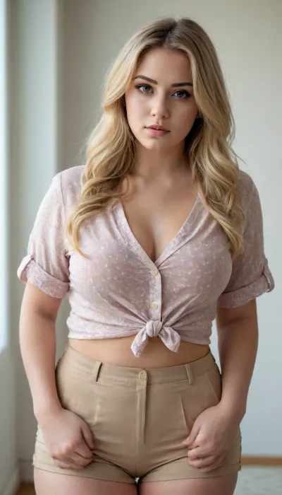 Woman, One, 27 Years old, Fat, Big breasts, Big ass, Blonde hair, Long hair, Brown eye color, Blouse, Cotton shorts, Portrait, Standing