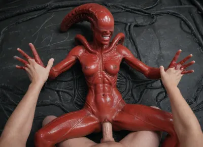 Super realism, ((red skin:1.8)), (xenomorph:1.5), queen with human face, ((spread hands)), chained to the walls, cell, red-skinned xenomorph female, tail, no hair, ((perfect woman face)), (((human face))), ((perfect human pussy)), pussy fucking, big dick, monster cock, POV, human massive dick, fuck with man, high detail pussy, high realistic, beautiful 20yo woman face, ((front of head human from forehead transitioning to elongated back part xeno)), ((human face of beautiful woman with normal teeth and eyes)), oiled body, wet body