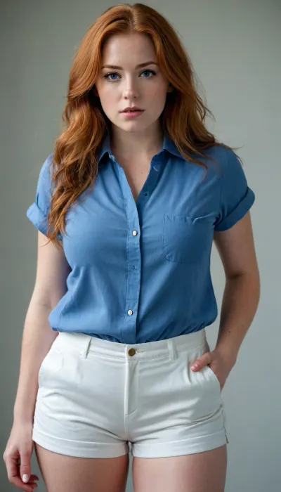 Woman, One, 27 Years old, Fat, Big breasts, Big ass, ginger hair, Long hair, Brown eye color, Blue Blouse, white Cotton shorts, Portrait, Standing