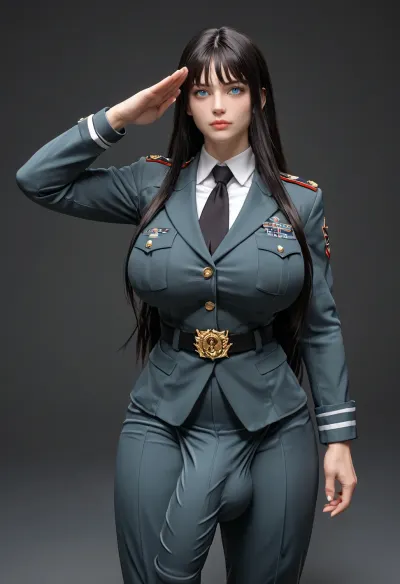 futanari, ((gigantic cock)), (soldier suit), (cock under suit), (suit bulge), (black hair), (ultra long hair), light blue eyes, (massive breasts), (muscular), whole body, alone, (salute), <lora:LCM_LoRA_Weights_SDXL:2>, <lora:FF.102.colossusProjectXLSFW_49bExperimental.LORA:.5>
