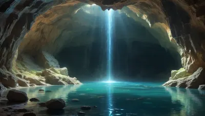 Gorgeous cave. Giant and intricate details. Glistening glowing pools of magical water. Bioluminescent crystals clinging to the cave walls. Garmash. Wlop. Guweiz. Oil paint strokes. Surreal. Outlines. Vivid and surreal crystals and magical water.