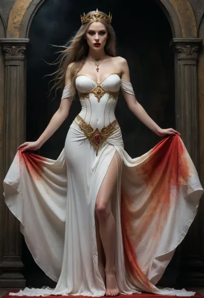 Tall, evil beautiful medieval queen, wearing circlet, torn medieval long dress, long straight hair, full body shot, black, black gothic makeup, tall, beautiful perfect figure, perfect tall legs, charming eyes, sad yet gracious face, dark background, fantasy art capturing the style of Aaron Horkey, Jeremy Mann and Luis Royo, body-focused composition from a low angle, alluring figure, dark fantasy, dynamic composition, white colors, red lipstick, warm hues, rendered in colorful ink flow, showcases acrylic calligraphy, watercolor techniques integrated seamlessly into a maximalist masterpiece, detailed with gouache fluidity, golden hour light