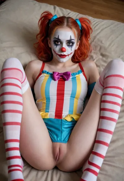 young beautiful girl 18 years old clown girl with big breasts, wearing a pulled-up dress without any underwear, laying on her back with spread legs, no panties, long striped socks, clown makeup, skinny, white face paint, detailed vagina, looking at the viewer, back long high twin multi-colored ponytails, excited, aroused, tack sharp, 4k, dslr