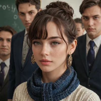 Very beautiful teacher, brunette hair, bangs and bun hair style with scarf tied on neck. Perfect body with natural boobs. Hourglass body figure. In the class room with several male student.