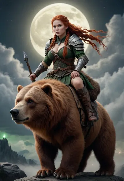A dwarf, large breasts, long red braided hair, hair hanging over shoulder, wearing a dwarf armor from the Army of the Rings, bright green eyes, riding on the back of a large grizzlybear, is very promiscuously dressed, at night, clouds, bright moon, bright stars