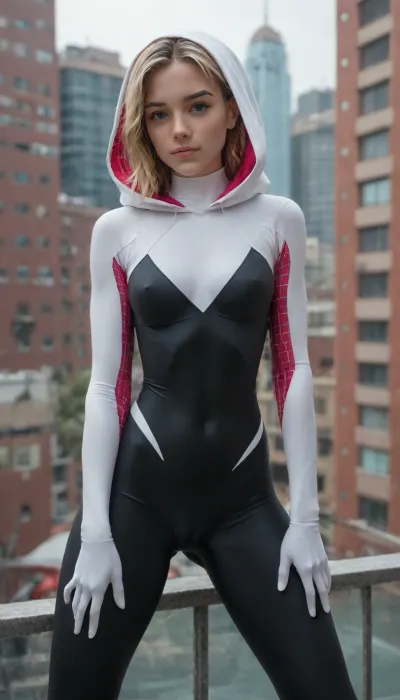 (((18 years old))), (((young))), spider girl Gwen, (((tight outfit))), athletic body, hood on head, blonde with pink strands, climbs to the roof of a high-rise building, New York day, (((pyssy cameltoe))), bodysuit, mglr, <lora:Midjourney Image Enhancer XL v1:.5>, <lora:HandFineTuning_XL:1>, <lora:MGLRbodysuit_sdxl:.5>