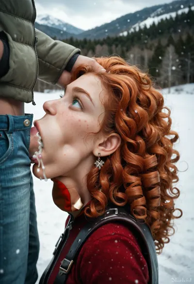 18 year old Irish redhead girl, crouching face down, face in snow field, face in snow, completely naked, clothed, high leather boots, heavily freckled, wide shot, alone, facing forward, very red symmetrical lips, round green eyes, greek nose, very detailed long curly hair, round D sized tits, natural skin tone, perfect fingers and hands, cum on lips and in mouth, (two men around her, (deepthroat:2.2)), detailed background, <lora:580159_training_data:.5>
