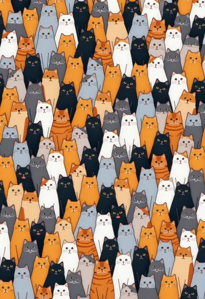 An intricate and vibrant illustration of a massive crowd of cats, filling the entire frame with no visible background. Each cat is depicted with unique fur patterns, colors, and expressions, showcasing a wide variety of breeds. The color palette features warm tones of orange, white, gray, black, and blue, creating a harmonious yet dynamic visual. The cats are arranged in a dense, non-symmetrical pattern, with each individual distinct yet blending seamlessly into the collective. The lighting is soft and even, highlighting the rich textures of the fur and the individuality of each cat. The overall style is realistic with meticulous attention to detail, giving a sense of warmth and liveliness to the composition.