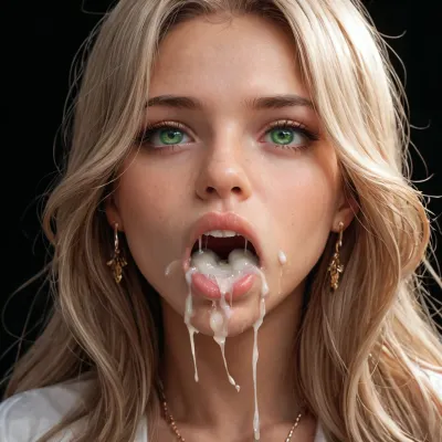 deepthroat, throat bulge, covered in cum, cum explosion in mouth, green eyes, whole dick in mouth, all the way in throat, long hair