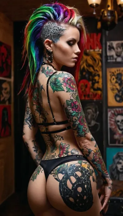 32k wallpaper of a mysterious beautiful full body covered in tattoo one Australian woman, seductive pose, body covered in black abstract tattoo, legs covered in black abstract tattoo, back covered in black abstract tattoo, face covered in black abstract tattoo, ass covered in black abstract tattoo, in full growth, (((Tattoo parlor in background))), by artgerm, intricate detail, trending on artstation, 32k, fluid motion, stunning shading, (((multicolour hair, punk))), full, body, tattoo, <lora:FBT-000002:.7>