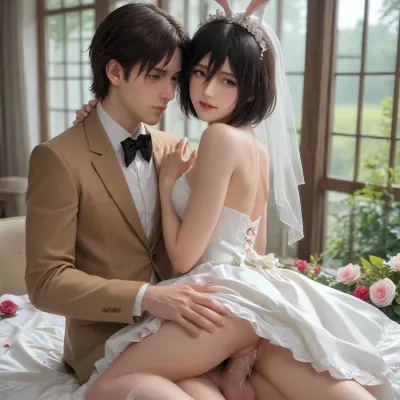 Mikasa Ackerman, wedding dress, wedding ceremony, nature, pussy on dick, savoring sex, blush, happy face, cum inside, firm breasts, firm ass, very beautiful pussy, Mikasa shows bunny, (fingers)