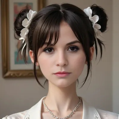 face closeup of a amazing gorgeous jung woman with short black hair in two buns, <lora:580159_training_data:.5>