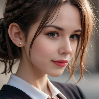 close-up, profile view of a stunningly beautiful blond woman with dreadlocks in a bun, sweet shy smile, <lora:580159_training_data:.5>