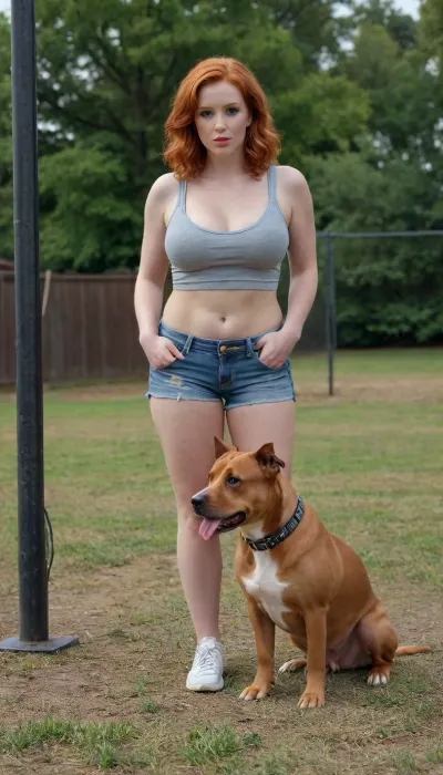 Ultra high definition, ultra high resolution, photorealistic, 8k resolution, full body photograph of busty, (redheaded), dog trainer in daisy dukes., a, dog, <lora:taco-dog:.5>
