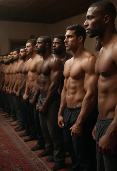 A line of muscular black men with big black cocks in their hands waiting to fuck an Iranian woman.