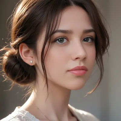 close-up, profile view of a stunningly beautiful woman with blond messy hair in a bun, sweet shy smile, <lora:580159_training_data:1>