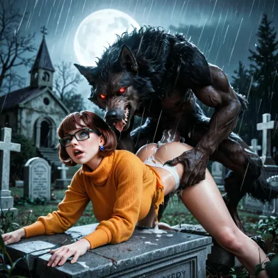 Velma Dinkley, in an abandoned cemetery, a dark rainy night, bent over a tombstone, ((clothes torn in multiple places)), fucked by a dark furred werewolf, doggy style, huge cock, creampie, detailed background