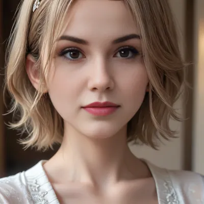 close-up, profile view of a stunningly beautiful woman with blond pixie hair, sweet shy smile, erotic seductive look, 4ng3l, face, <lora:SDXL_BetterFaces-LoRA_v1:.5>, <lora:add-detail-xl:1.8>