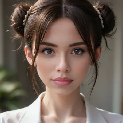 close-up, profile view of a stunningly beautiful woman with long red messy hair in two buns, sweet shy smile, erotic seductive look, without makeup, 4ng3l, face, <lora:SDXL_BetterFaces-LoRA_v1:.9>, <lora:add-detail-xl:1.8>