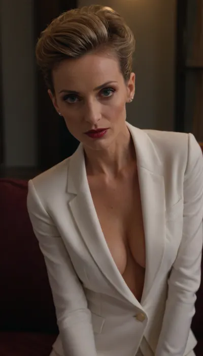 close up, face focus, 1/2 body view, french mature woman, ((completely clothing)), ((in skinny white suit)), (very skinny tanned body), (big natural breasts), ((dark blonde updo haircut)), 40 years old, perfect face, ((sad:1.3)), blue eyes, Contouring makeup, burgundy lipstick, sitting on sofa, microskirt, extremely, short, skirt, <lora:MicroSkirt_XL:.5>, <lora:580159_training_data:.5>