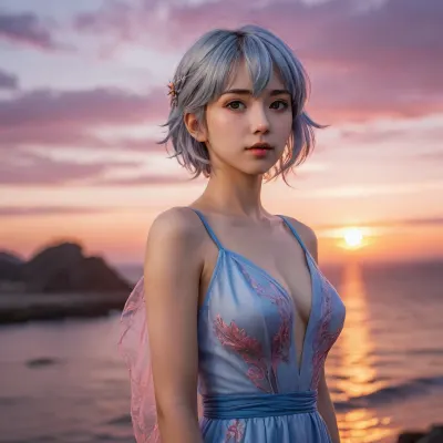 Ultra-detailed anime-style illustration of Ayanami Rei from Neon Genesis Evangelion, standing gracefully at sunset, wearing a flowing, elegant blue dress with intricate fabric details. Her pale, porcelain skin glows softly in the warm golden light of the sunset. Her short, light blue hair gently sways in the breeze, with a few strands delicately framing her face. Her large, expressive red eyes have a reflective, melancholic gaze, capturing the serene yet emotional mood. The background features a breathtaking sunset with vibrant orange, pink, and purple hues blending into the horizon, creating a dreamy and cinematic atmosphere. The lighting is soft and diffused, with subtle highlights on her face and dress. Highly detailed, ultra-realistic, 8K resolution, anime aesthetic, emotional and atmospheric.", boobheart, heart, hands, self, grabed, own, breast, <lora:_sdxl-boobheart:.5>