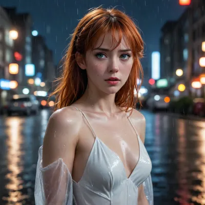 Ultra-detailed, cinematic anime-style illustration of Asuka Langley Soryu from Neon Genesis Evangelion, standing in the rain at night, wearing a sleek, form-fitting white dress that hugs her figure perfectly. The dress is elegant yet simple, with subtle fabric textures and a slight sheen from the rain. Her fair skin glistens under the cold, diffused light of the streetlamps, with raindrops cascading down her arms and face. Her vibrant red hair is damp, with a few wet strands clinging to her cheeks and forehead, adding to the intensity of the scene. Her piercing blue eyes are narrowed, glowing faintly with a sharp, almost furious glare, as if she is deeply annoyed or angry, capturing the expression of someone who is thinking, 'You're late.' The background is a dark, rain-soaked cityscape, with wet asphalt reflecting the cold, neon lights of the surrounding buildings. The rain falls heavily, creating a misty, atmospheric effect, with each droplet captured in stunning detail. Puddles ripple on the ground, and the faint glow of distant city lights adds depth to the scene. The lighting is dramatic and moody, with sharp contrasts between the cold blues of the night and the warm highlights on Asuka's skin and dress. The overall composition is dynamic, with Asuka positioned centrally, her piercing gaze drawing the viewer's attention. The image is rendered in 8K resolution, with vibrant yet subdued colors, ultra-sharp details, and a sense of realism that brings the rainy night to life. The mood is intense, dark, and emotionally charged, capturing the essence of Asuka's character in a moment of cold, silent fury."