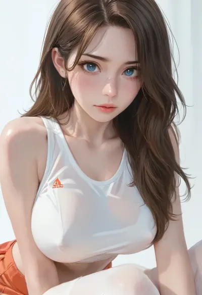 (1girl, brown hair, blue eyes, long hair), beautiful face, blush, freckles, hands resting on tits, big breasts, perfect body, erect nipples, (sports bra, orange micro skirt, white stockings), white background, ratatatat74, <lora:cartoon_stickers_xl_v1:.6>, <lora:ratatatat74-000050:1.6>