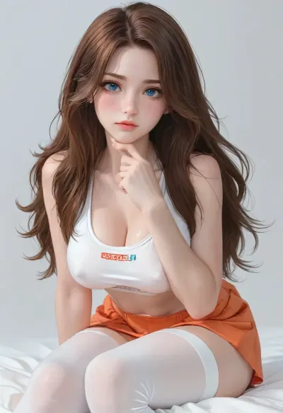 (1girl, brown hair, blue eyes, long hair), beautiful face, blush, freckles, hands resting on tits, big breasts, perfect body, erect nipples, (sports bra, orange micro skirt, white stockings), white background, ratatatat74, <lora:cartoon_stickers_xl_v1:.6>, <lora:ratatatat74-000050:1.6>