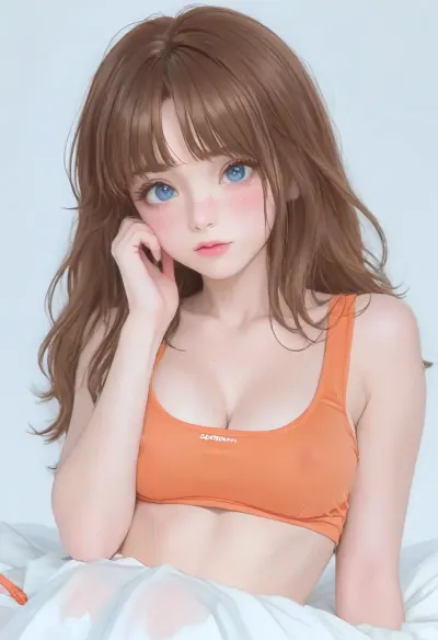 (1girl, brown hair, blue eyes, long hair), beautiful face, blush, freckles, hands resting on tits, big breasts, perfect body, erect nipples, (croptop, orange thong, white stockings), white background, ratatatat74, <lora:cartoon_stickers_xl_v1:1.2>, <lora:ratatatat74-000050:.6>