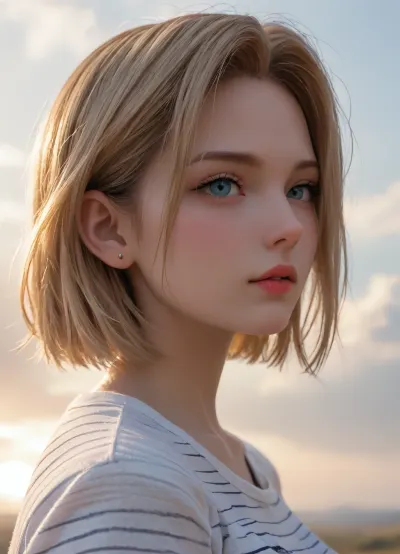 half body, 3/4 view portrait of android 18 of dragon balls, side view, small boobs, striped vneck tshirt, facing side, cloudy, 4ng3l, face, <lora:SDXL_BetterFaces-LoRA_v1:.5>, looking up, view from top, looking at viewer
