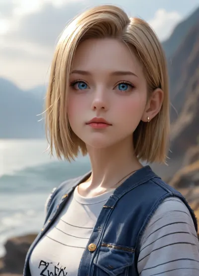 half body, 3/4 view portrait of android 18 of dragon balls, side view, small boobs, striped vneck tshirt, facing side, cloudy, 4ng3l, face, <lora:SDXL_BetterFaces-LoRA_v1:.5>, looking up, view from top, looking at viewer