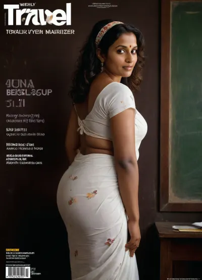 woman, ((thick bottom heavy curvy haitian bengali Indian 45 year old woman)), in a classroom in india, wet floral designed white full saree, wavy curled hair, sunlight covered her body with rays of the sun, ((sweaty wet skin, thick)), (((dark uneven skin tone))), full body view, head band, (((travel title weekly magazine cover page with title))), bend over