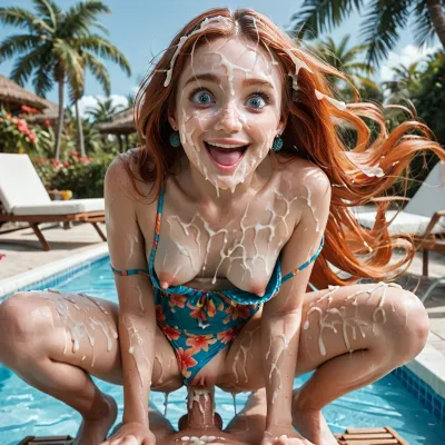 score_9, score_8_up, score_7_up, (POV squatting cowgirl anal sex:1.4), view from below, 1man, gorgeous Dutch woman, leaning over the viewer, very pale skin, innocent look, freckles, floral pattern bikini, (nipple slip:1.4), detailed bikini panties pulled aside, visible anal penetration, small round breasts, front view, thin natural lips, very pretty, (very long hair), (bouncing hair), (looking lovingly at the viewer:1.4), blue eyes, cute nose, (smiling:1.2), (surprised:1.3), open mouth, creampie, squirting, beside a large swimming pool, at a tropical resort, palm trees, lounge chairs, cabanas, <lora:580159_training_data:1.3>, (bukkake:1.4), <lora:MS_Real_XL_Bukkake:.5>, woman, cum, on, face, <lora:JustCum:.5>, (cum on face:1.4), (cum on hair:1.4), (cum on body:1.4), (cum:1.4), (2 girls:1.6), (ginger hair)