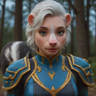 masterpiece, best quality, highly detailed, 4k, highly detailed face, octane render, hdr, (anthro skunk body:2), (world of warcraft outfit:1.5), very very long black/white hair undercut, slim hourglass, Night, Forest 3/3 body viiew