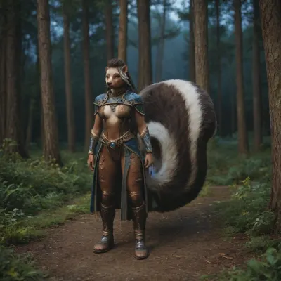 masterpiece, best quality, highly detailed, 4k, highly detailed face, (anthro skunk body:2), (world of warcraft mage outfit:1.5), very very long hair, undercut, black hair with white strands, slim hourglass, Night, Forest, full body view