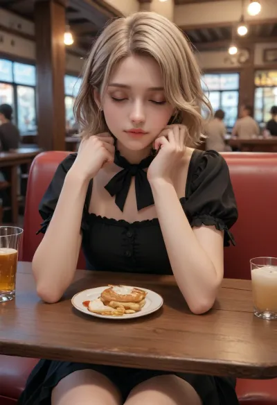 woman sitting in booth at, [restaurant, bar], other side of table, black dress, evening, eyes closed, lip bite, knees pressed together under table, pov_holding_remote, score_9, score_8_up, score_7_up