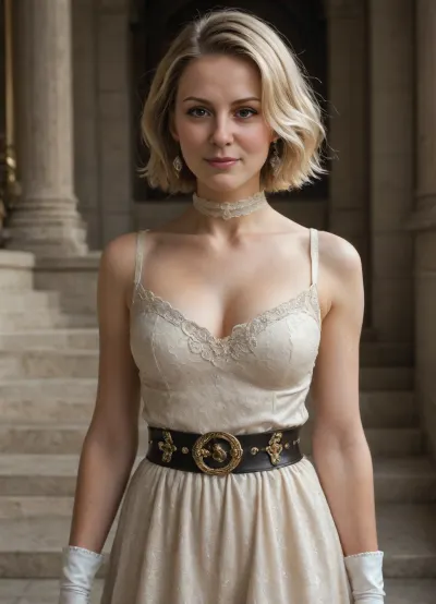18 year old light skinned American blonde, dress, belt, gloves, stairs, gigantic tits size H, solo, choker, earrings, jewelery, front view, bow lips painted red, lush body, pronounced curves, bulging blue eyes, heavenly nose, porcelain skin tone, bob haircut, athletic body, racy smile, perfect fingers and hands, detailed background, gabbiecarter, <lora:580159_training_data:1>, <lora:gabbiecarter:1>