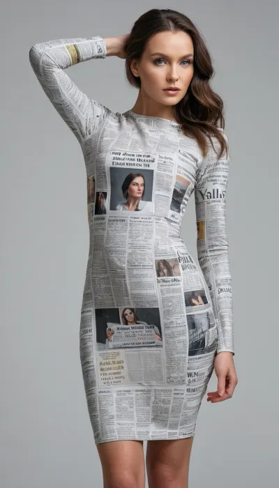 Photorealistic full-length photo of a beautiful Slavic woman wearing a long-sleeved lycra bodycon dress with newspaper print. She stands against a plain light gray background and faces directly towards the camera. She poses with one hand on her head and the other arm extended behind her back. The shot is done in a professional style, brunette